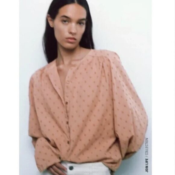 Zara Swiss Dot Sheer Blouse Women’s Small Voluminous Sleeve Romantic Pink Top - Picture 1 of 16